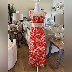 Vintage 1960s Elegant Floral coral  Red and Cream Dress Hawaiian ?